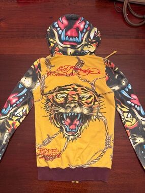 Vintage Ed Hardy Yellow Tiger Graphic Hoodie HARD TO FIND
